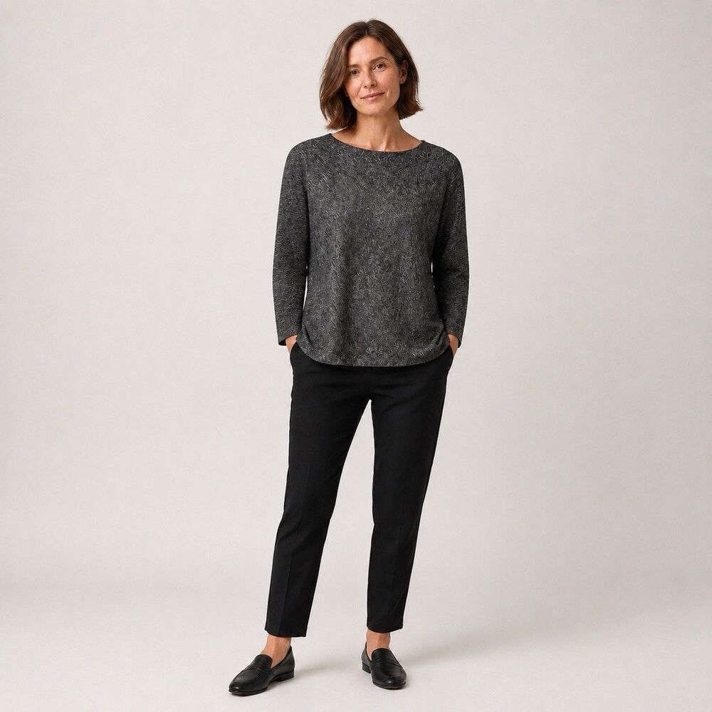 Eileen Fisher Charcoal Gray Organic Cotton Wool Marled Boxy Sweater Top Sz M